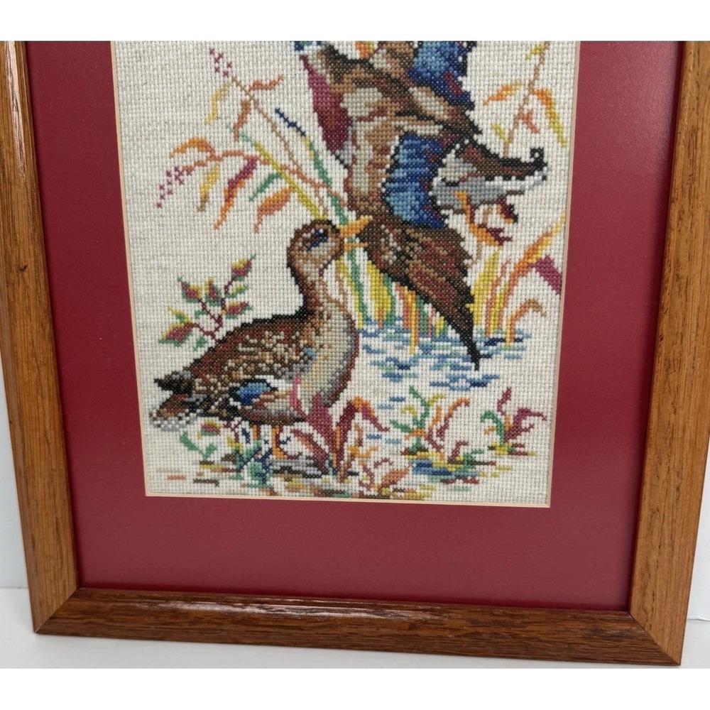 VTG Handmade‎ Mallard Ducks Cross-Stitch Matted Wood Frame Estate Sale Find - Picture 4 of 7